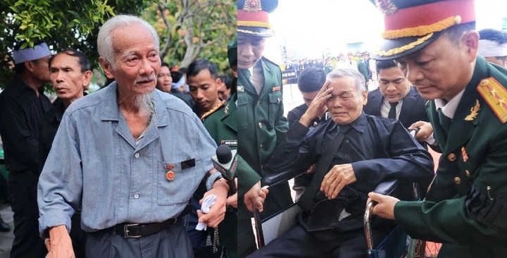 Ông Ngô Bá Dục (trái) và Vương Khắc Duy (phải), ngồi xe lăn, chống gậy đến viếng người bạn học Nguyễn Phú Trọng. (Ảnh: Vietnamplus)